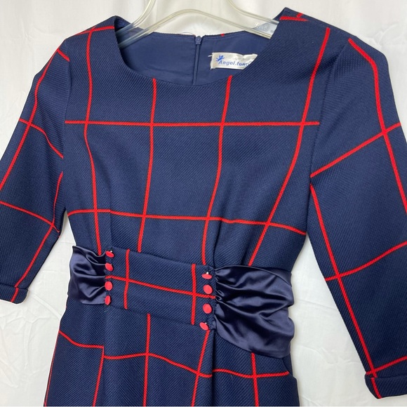 Angel Feng Mod Style Dress 3/4 Cuff Sleeve Sash Tie Back Size Medium Navy Red - Picture 3 of 5